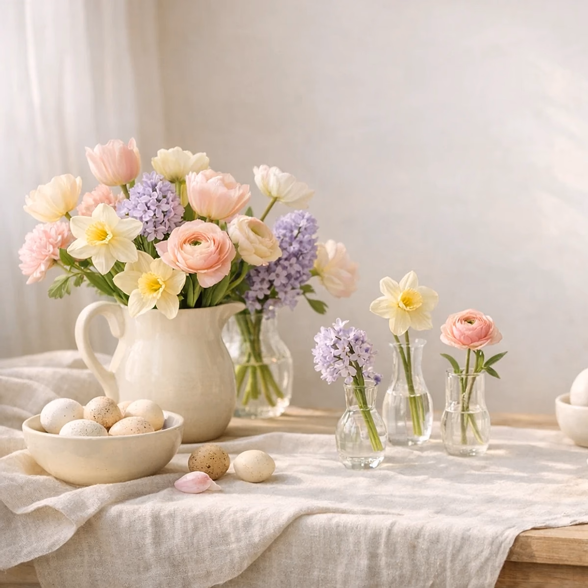 Easter Meadow pastel tulip, ranunculus, and rose spring arrangement from Lina Flowers