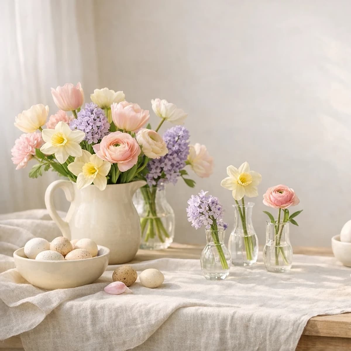 Easter Meadow pastel tulip, ranunculus, and rose spring arrangement from Lina Flowers