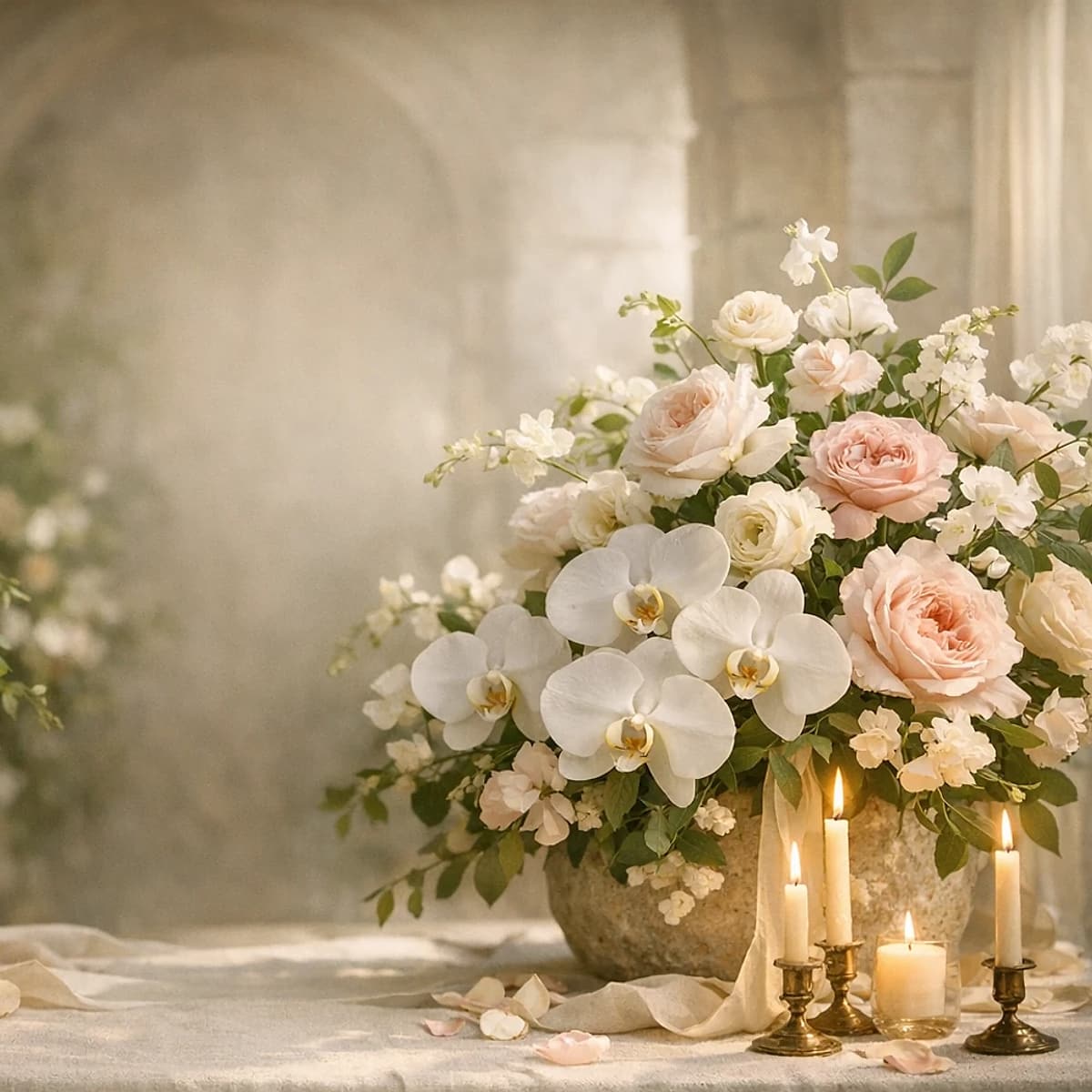 Engagement Whites white, ivory, champagne, and green engagement arrangement from Lina Flowers