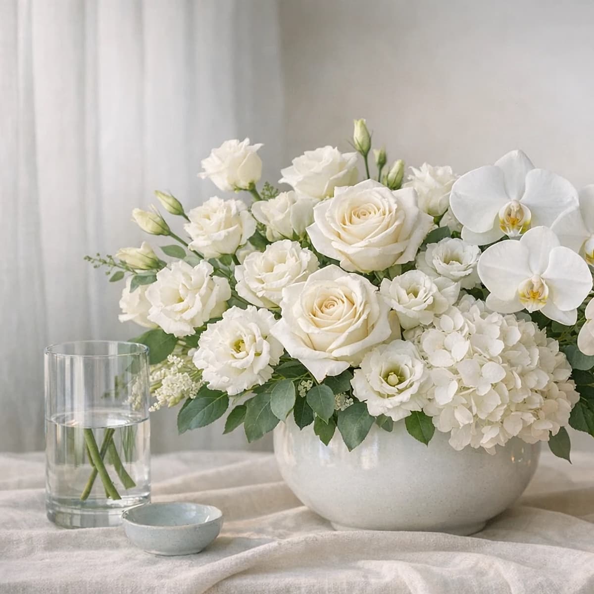 Gentle Sympathy white, cream, blush, and sage condolence arrangement from Lina Flowers