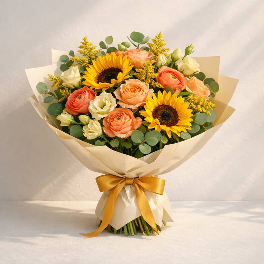 Golden Hour sunflower bouquet with peach roses, coral ranunculus, cream lisianthus, solidago, and eucalyptus