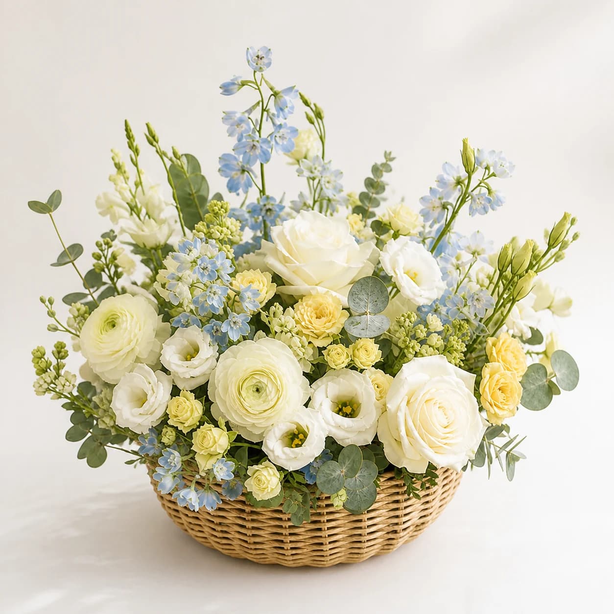 Little Dream AI-assisted studio view of the floral basket in powder blue, white, cream, soft yellow, sage, and natural wicker
