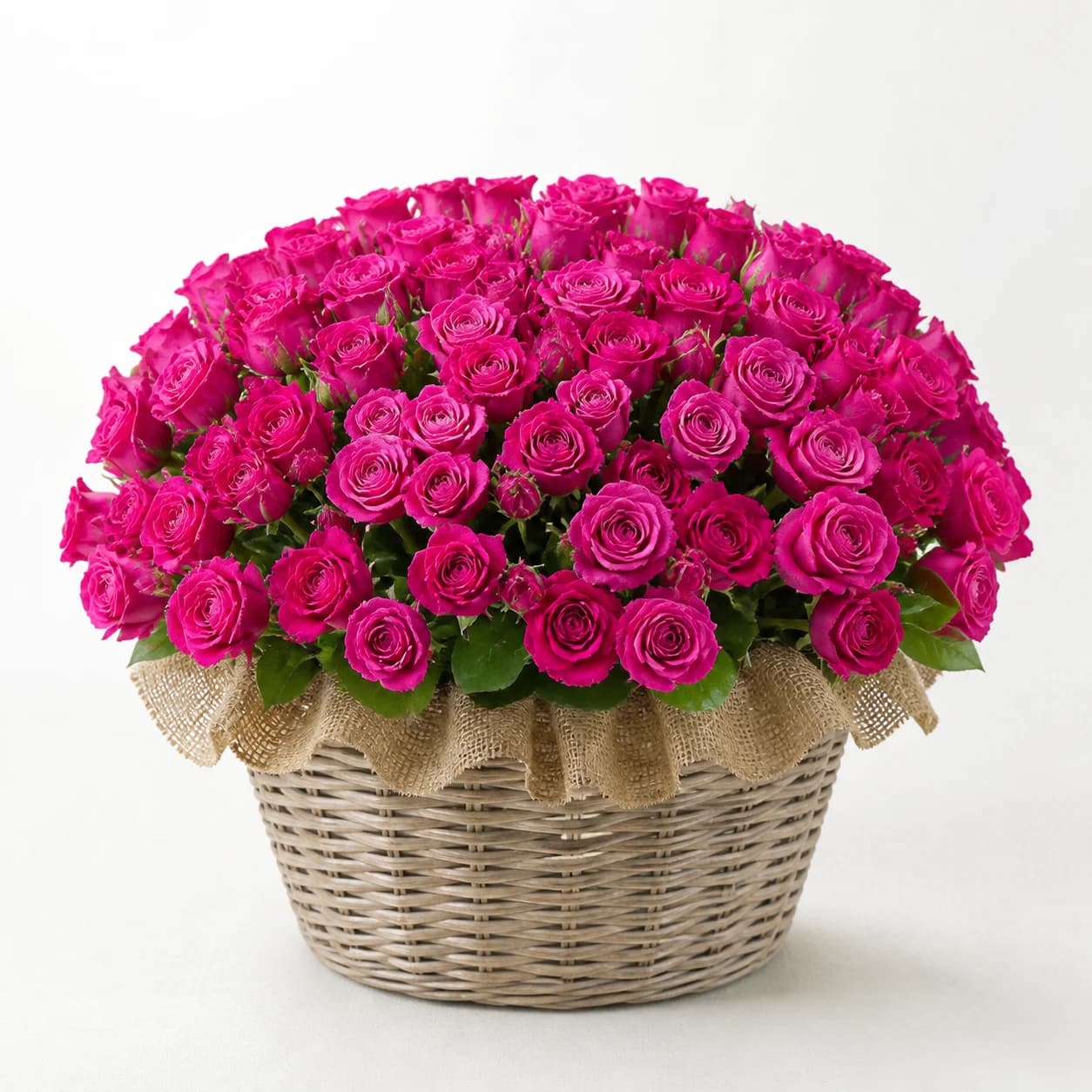 Showstopper Pink AI-assisted studio view of the floral basket in hot pink, berry, blush, and fresh green