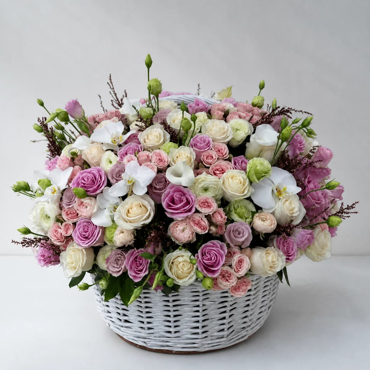 Quiet Comfort AI-assisted studio view of the floral basket in blush, cream, mauve, and soft green