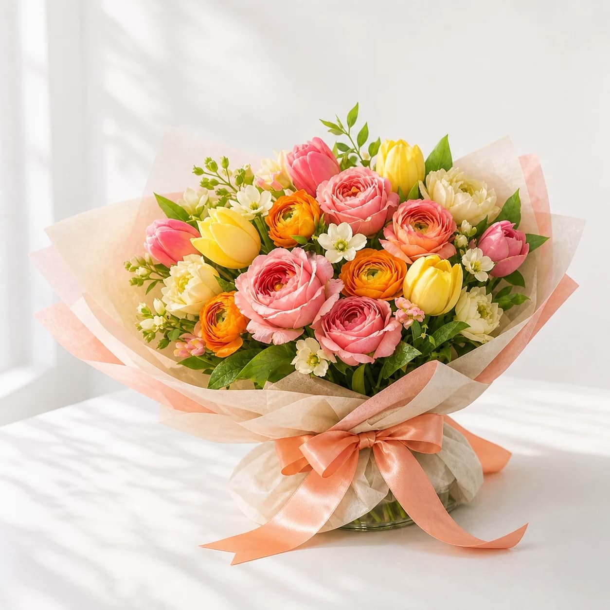 Birthday Confetti AI-assisted studio view of the hand-wrapped bouquet in coral, pink, sunny yellow, lilac, and fresh green