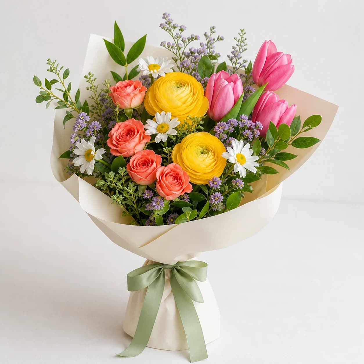 Petite Joy AI-assisted studio view of the hand-wrapped bouquet in coral, sunny yellow, fresh pink, lavender, and green