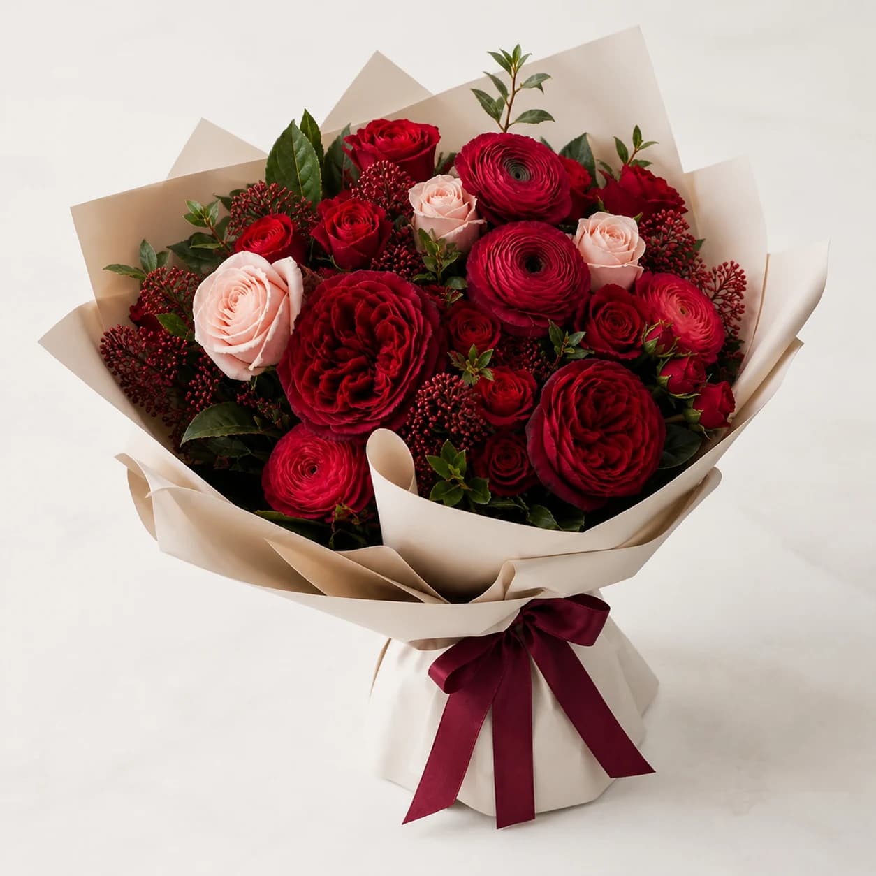 Velvet Romance AI-assisted studio view of the hand-wrapped bouquet in deep red, burgundy, berry, blush, cream, and dark green