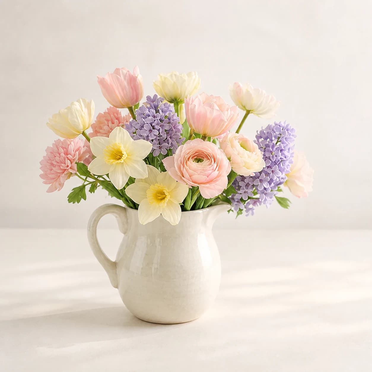 Easter Meadow AI-assisted studio view of the low floral centerpiece in pastel pink, butter yellow, lavender, cream, and spring green