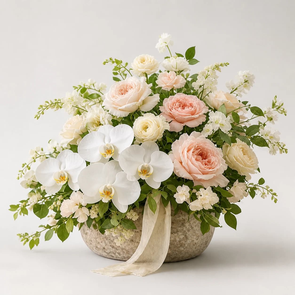 Engagement Whites AI-assisted studio view of the vase arrangement in white, ivory, champagne, and soft green