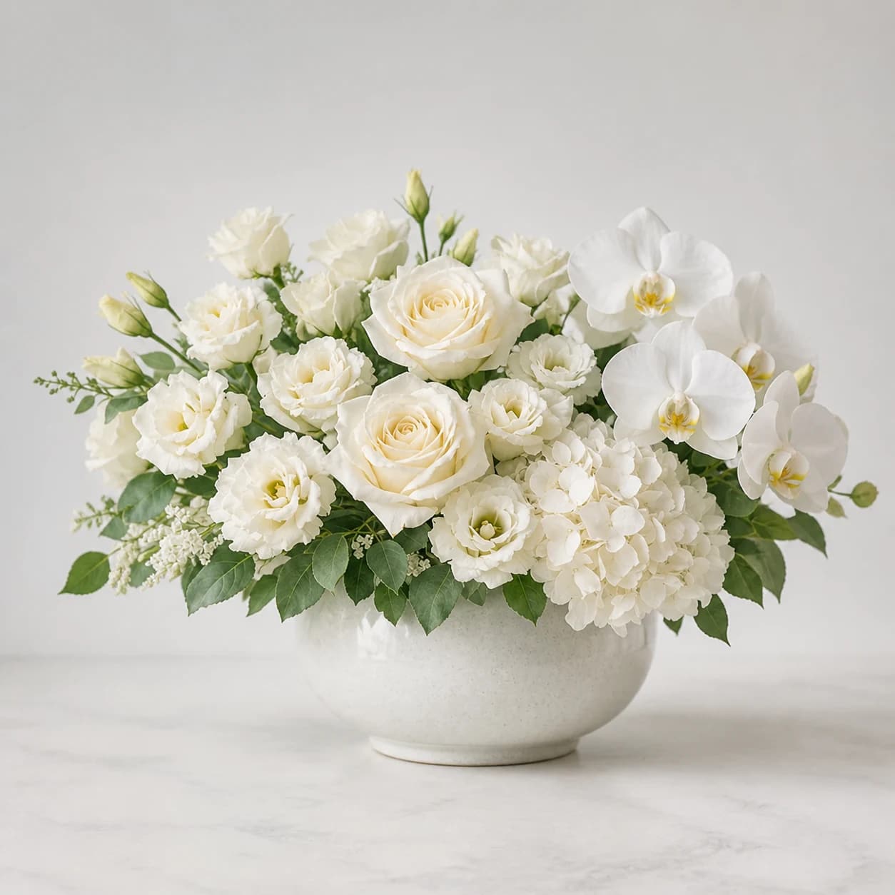 Gentle Sympathy AI-assisted studio view of the vase arrangement in white, cream, soft blush, ivory, and sage