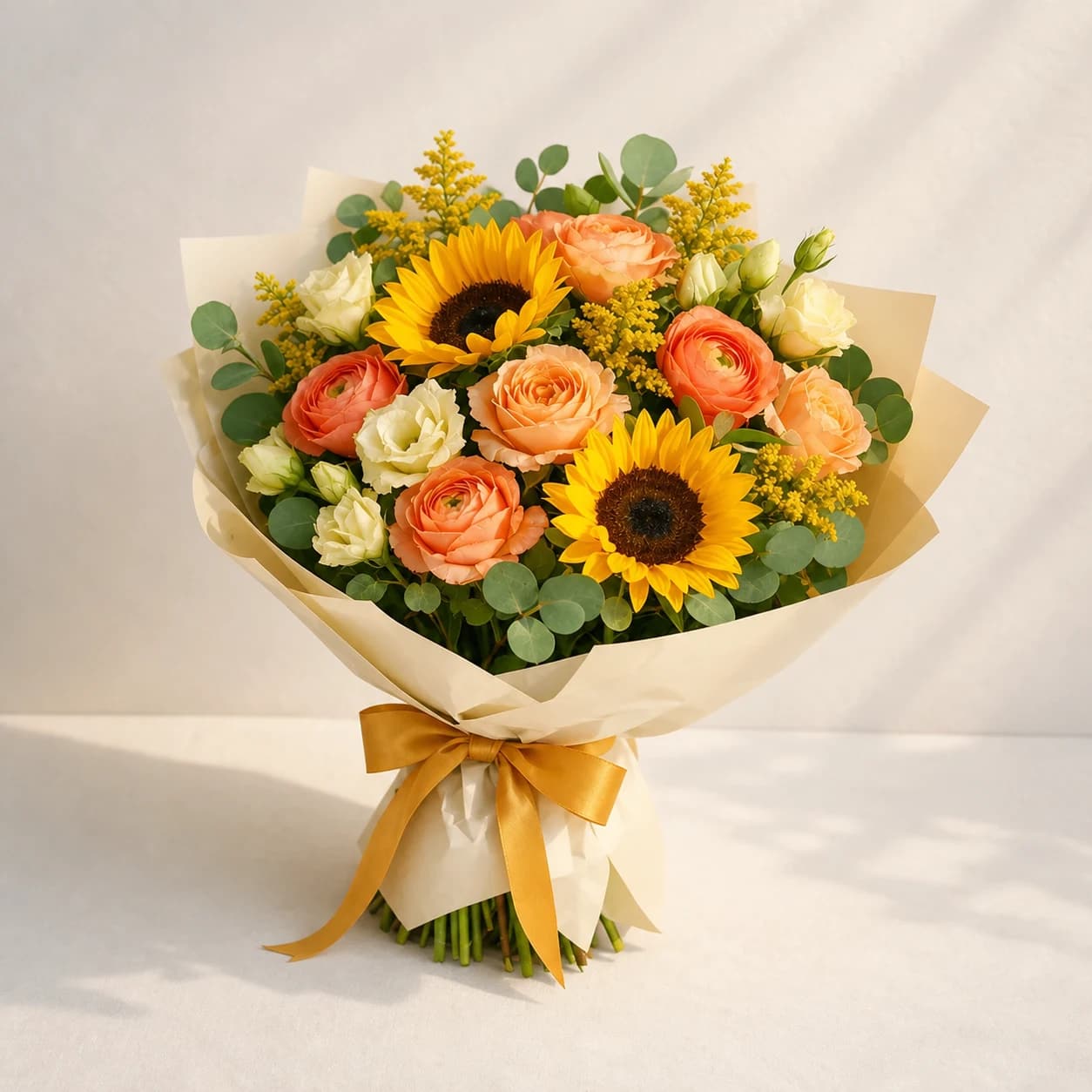 Golden Hour AI-assisted studio view of the hand-wrapped bouquet in sunflower yellow, peach, coral, cream, eucalyptus green, and warm gold