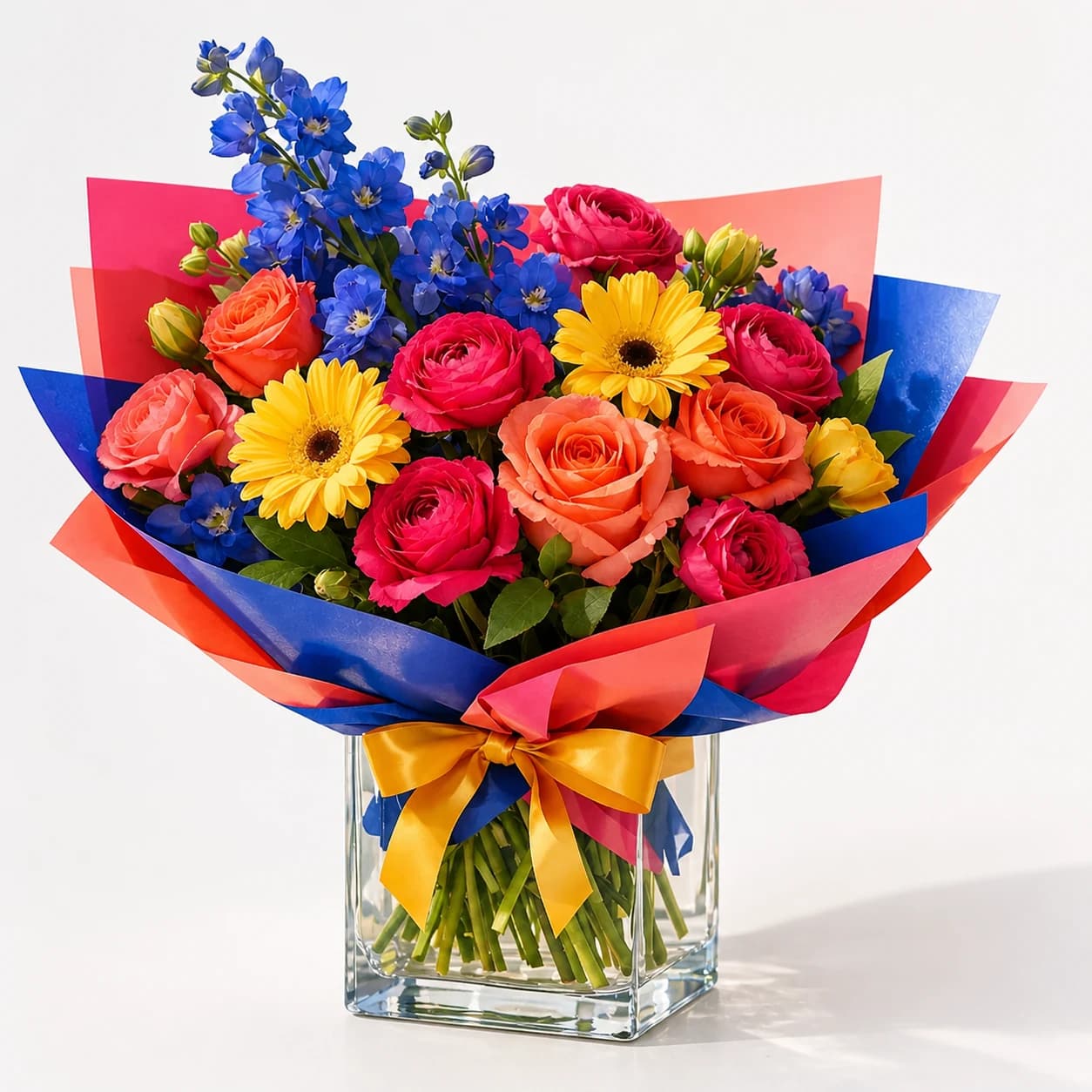 Graduation Brights AI-assisted studio view of the hand-wrapped bouquet in coral, gold, fuchsia, violet, and green