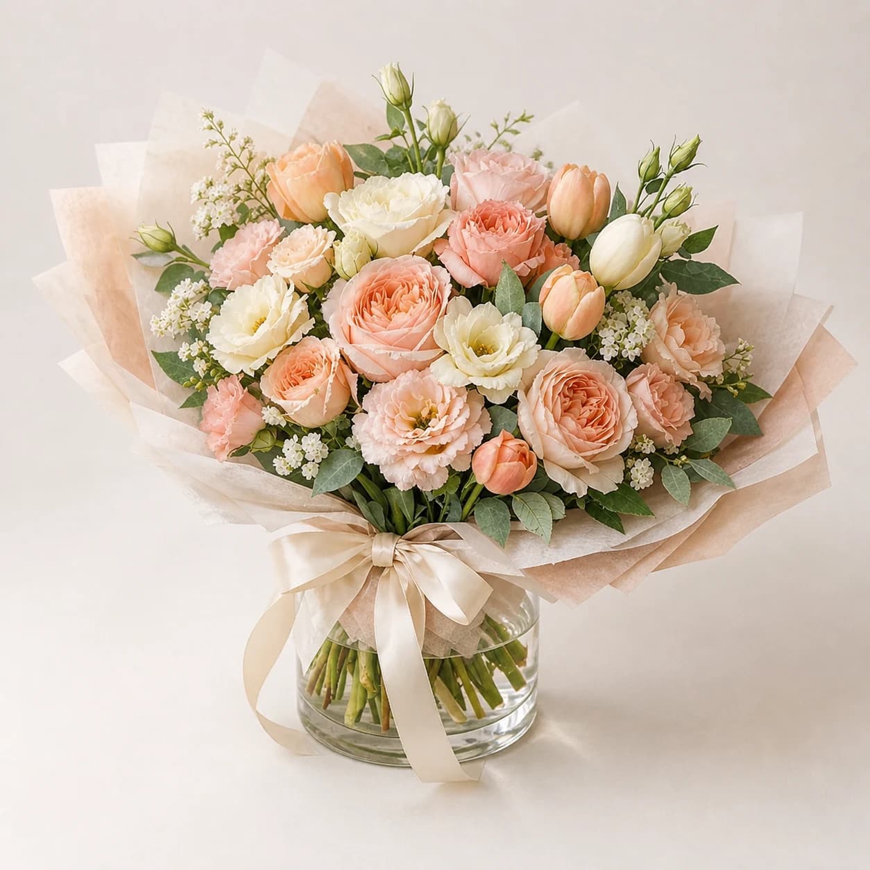 Gratitude Meadow AI-assisted studio view of the hand-wrapped bouquet in peach, cream, soft yellow, apricot, and fresh green