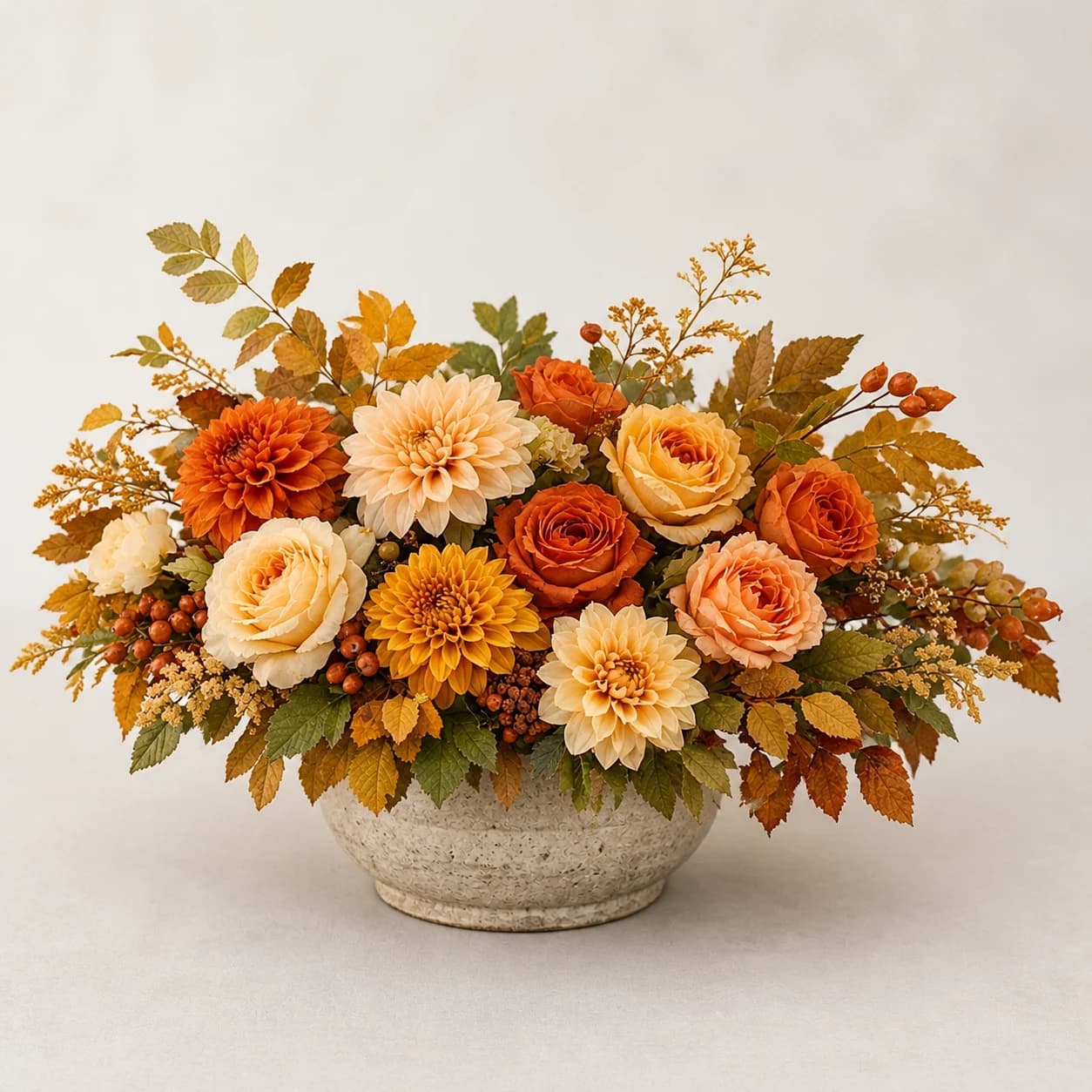 Harvest Table AI-assisted studio view of the low floral centerpiece in amber, copper, wine, cream, and olive green