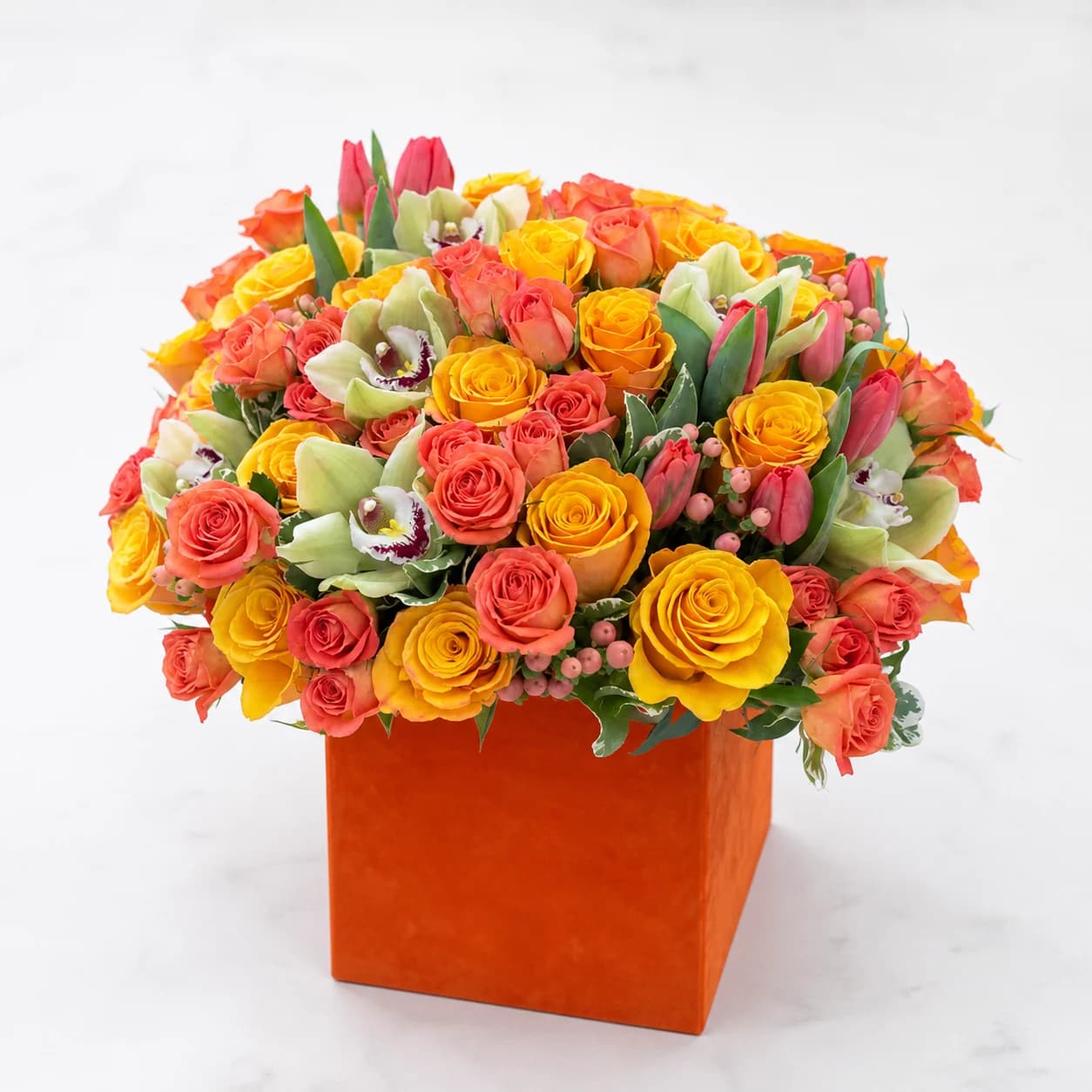 The Atelier Mix AI-assisted studio view of the modern flower box in blush, cream, soft rose, and fresh green