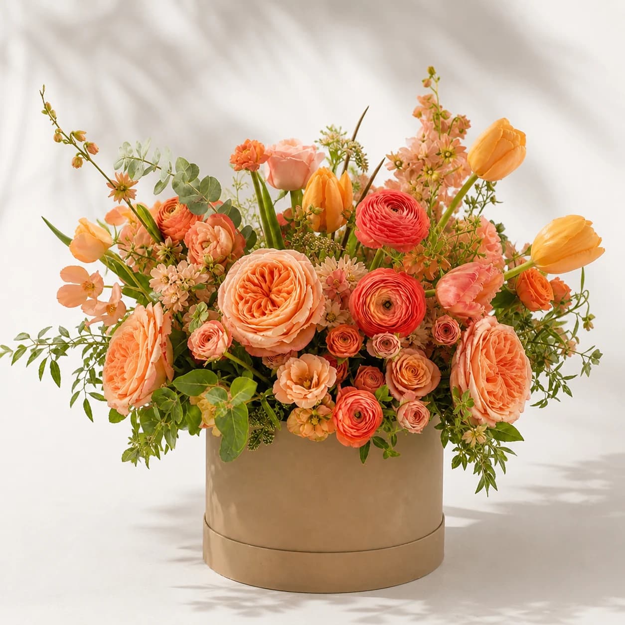 Sunset Garden AI-assisted studio view of the modern flower box in peach, apricot, coral, soft orange, and fresh green