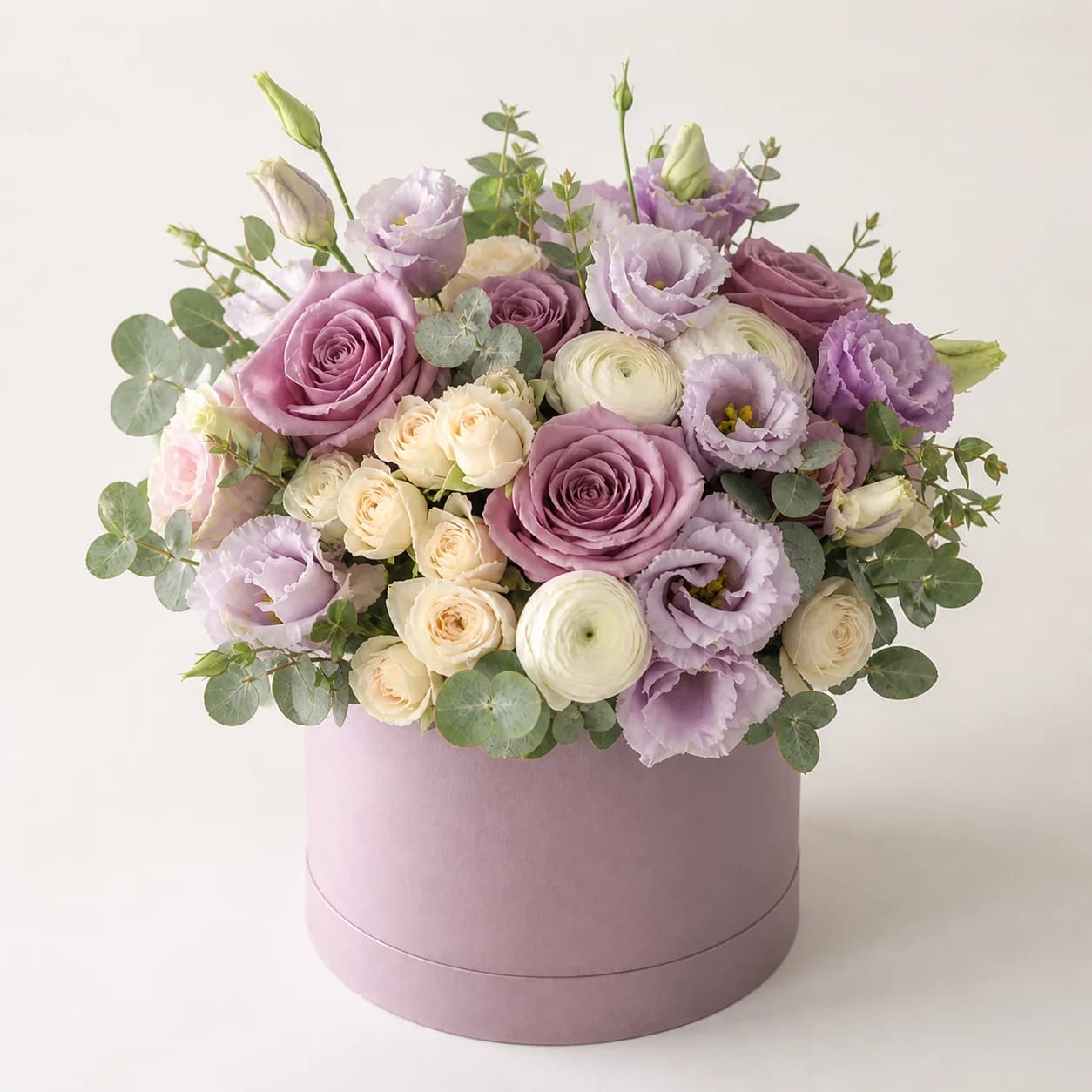 Lavender Hour AI-assisted studio view of the modern flower box in lavender, lilac, ivory, dusty mauve, and sage