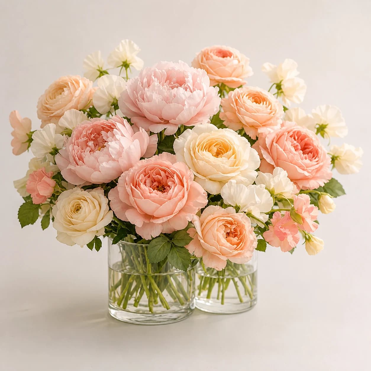 Mother's Garden AI-assisted studio view of the vase arrangement in blush, peach, lilac, cream, and soft green