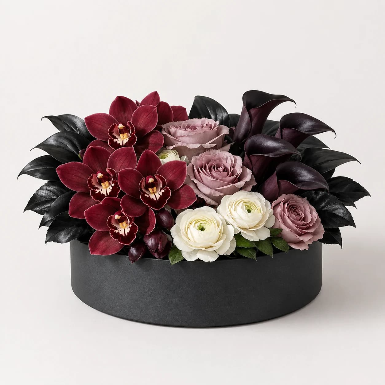 Orchid Nocturne AI-assisted studio view of the modern flower box in burgundy, plum, mauve, ivory, charcoal, and dark green