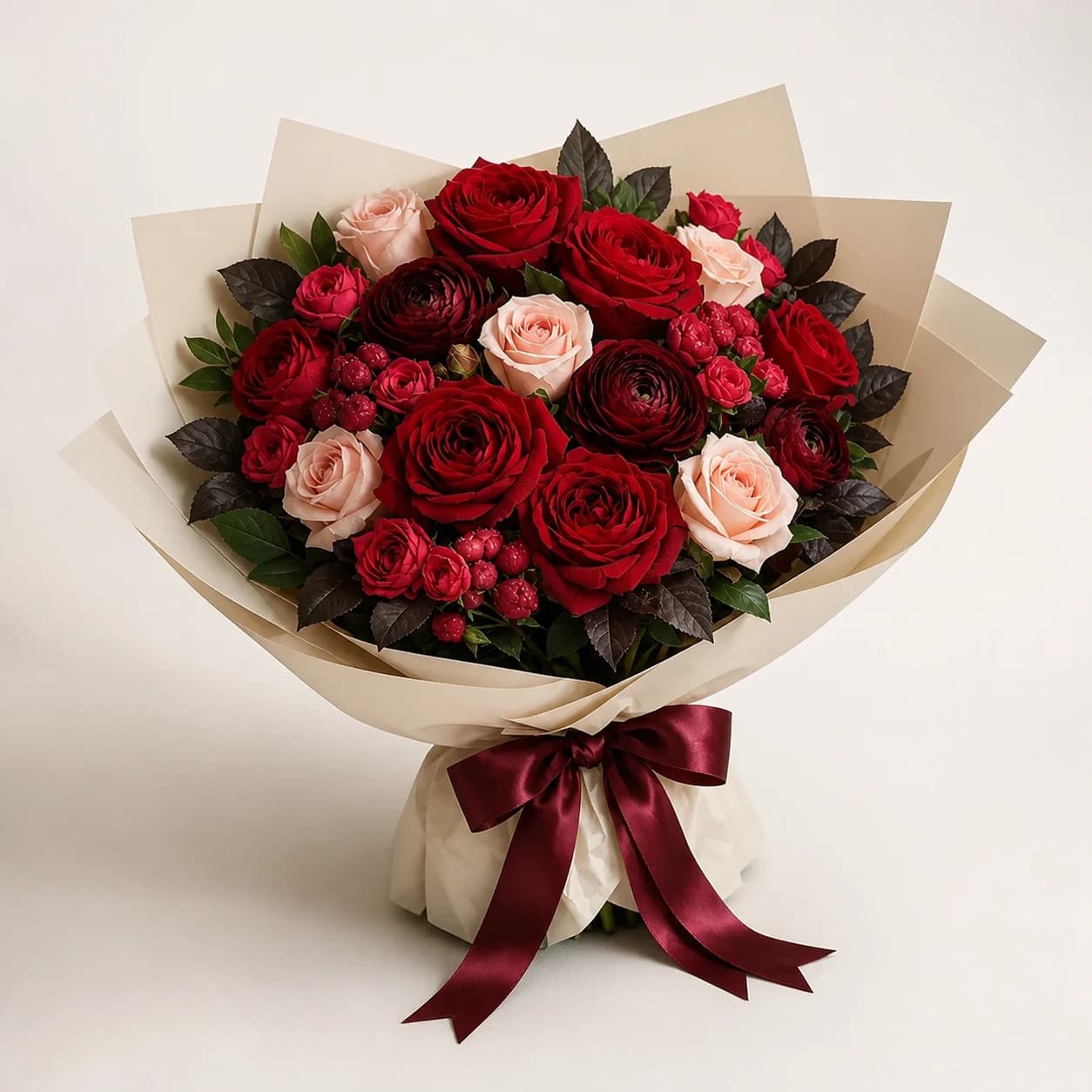 Rose Reverie AI-assisted studio view of the hand-wrapped bouquet in deep red, berry, burgundy, blush, cream, and dark green