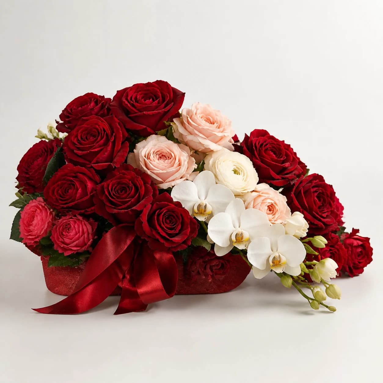 Scarlet Valentine AI-assisted studio view of the vase arrangement in scarlet red, berry, burgundy, blush, and deep green