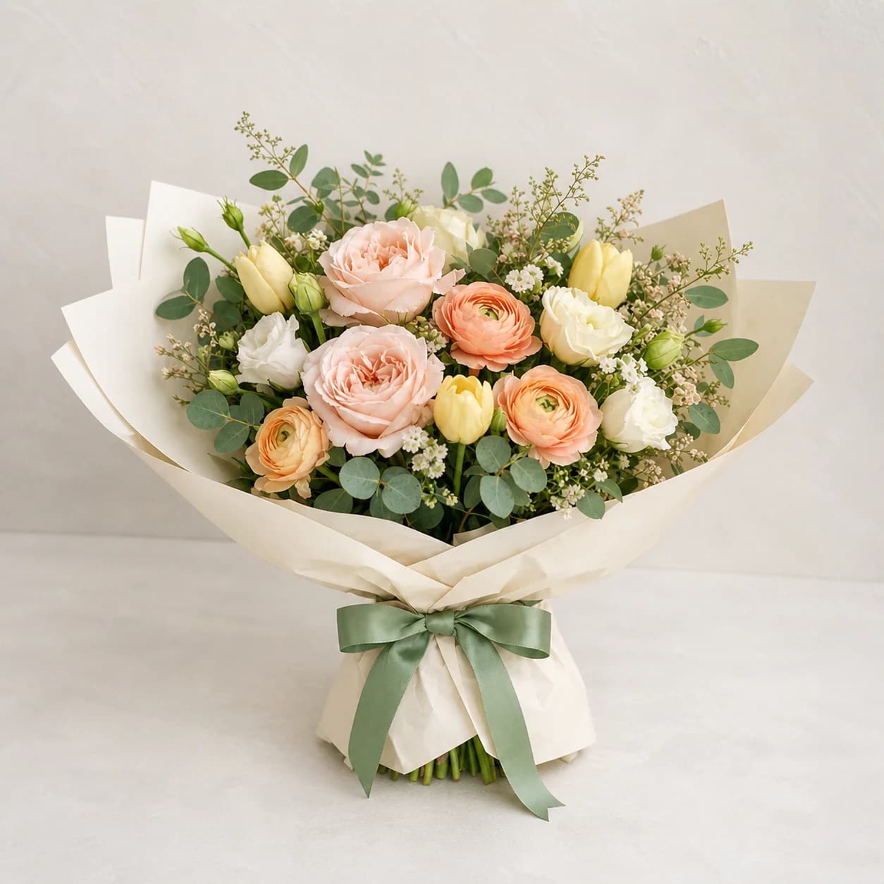 Seasonal Garden AI-assisted studio view of the hand-wrapped bouquet in blush, peach, pale yellow, white, sage, and seasonal green
