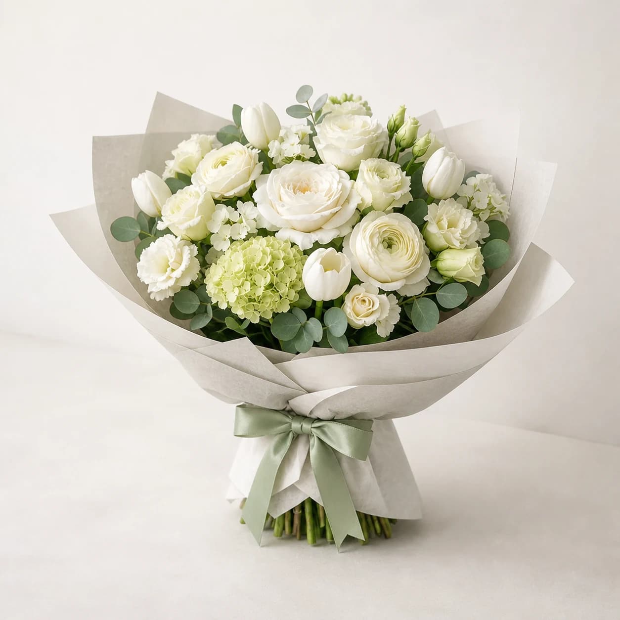 Serene Whites AI-assisted studio view of the hand-wrapped bouquet in white, ivory, cream, pale green, and eucalyptus sage