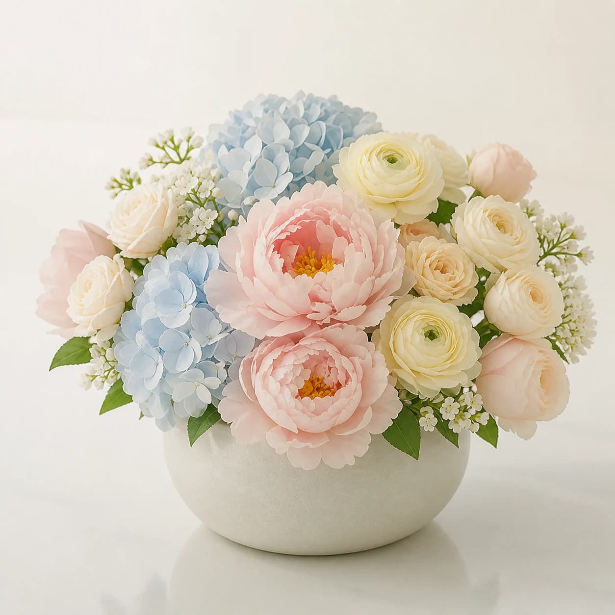 Teacher Appreciation AI-assisted studio view of the hand-wrapped bouquet in peach, yellow, white, and fresh green