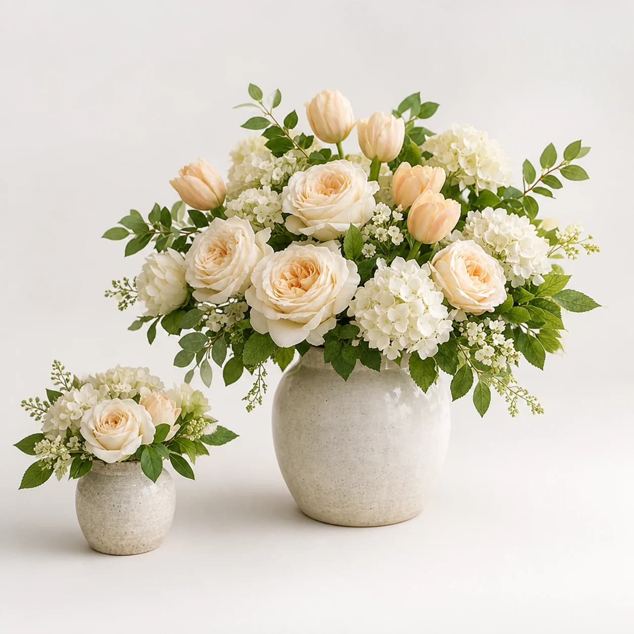 Welcome Home Whites AI-assisted studio view of the vase arrangement in white, ivory, cream, fresh green, and sage