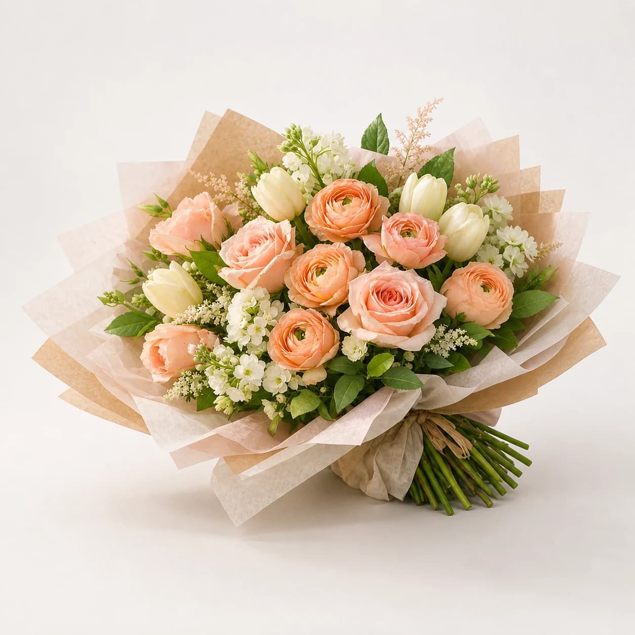 Wildflower Note AI-assisted studio view of the hand-wrapped bouquet in peach, yellow, lavender, white, and meadow green
