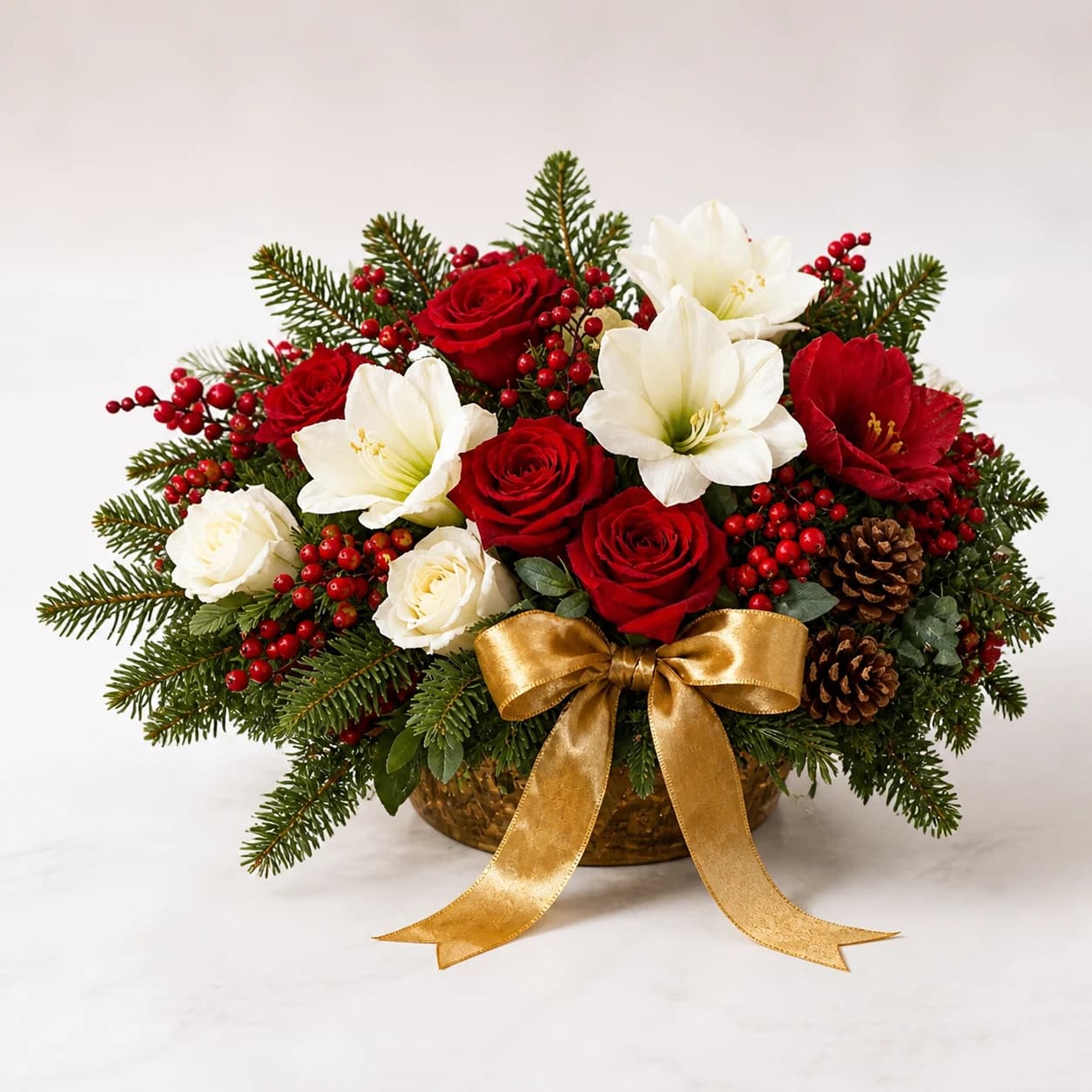 Winter Hearth AI-assisted studio view of the low floral centerpiece in cream, winter red, evergreen, berry, and soft gold
