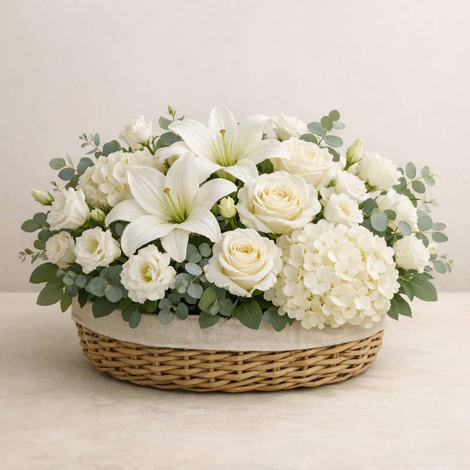 Graceful Tribute white sympathy basket with lilies, roses, hydrangea, lisianthus, and eucalyptus