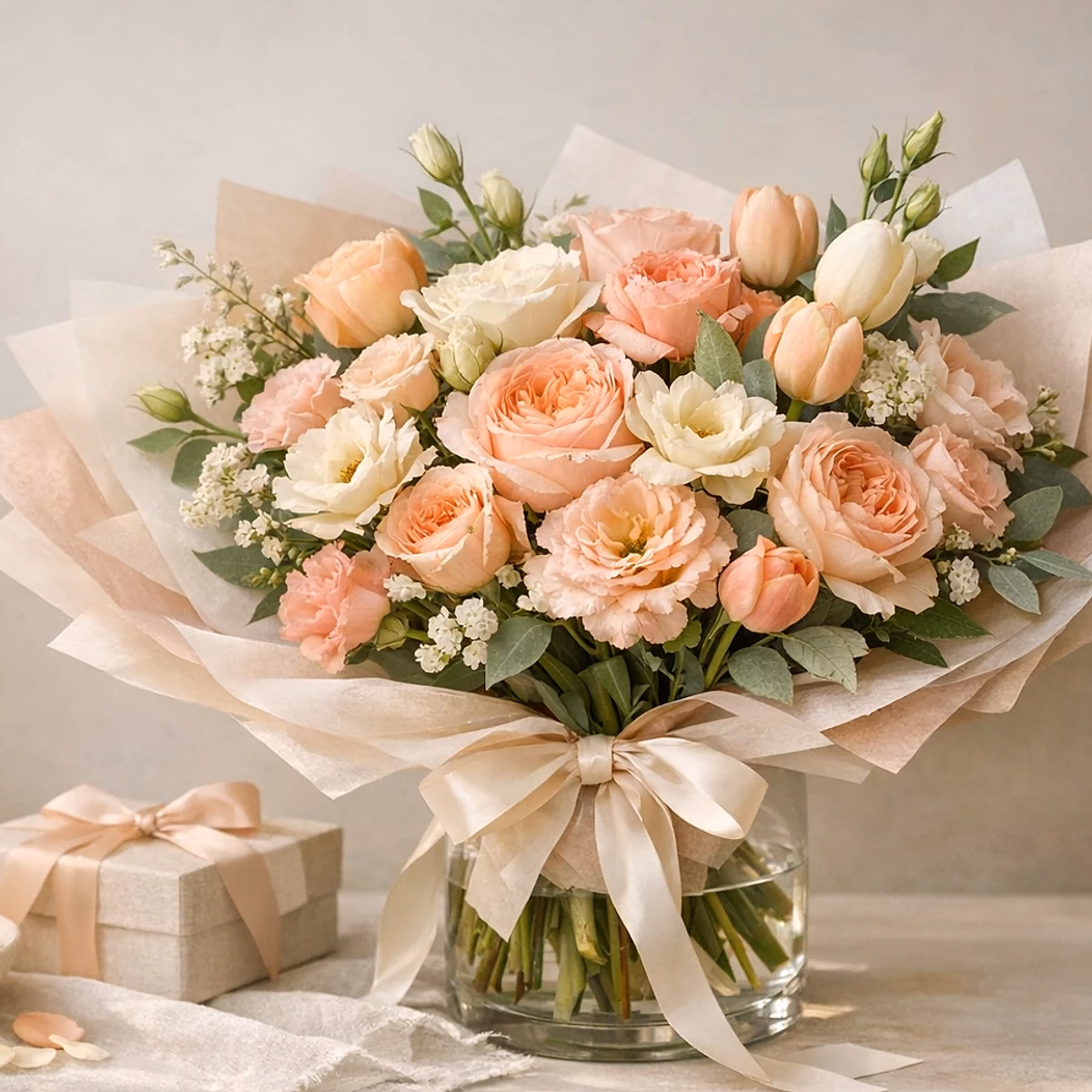 Gratitude Meadow peach, cream, yellow, and green thank-you bouquet from Lina Flowers