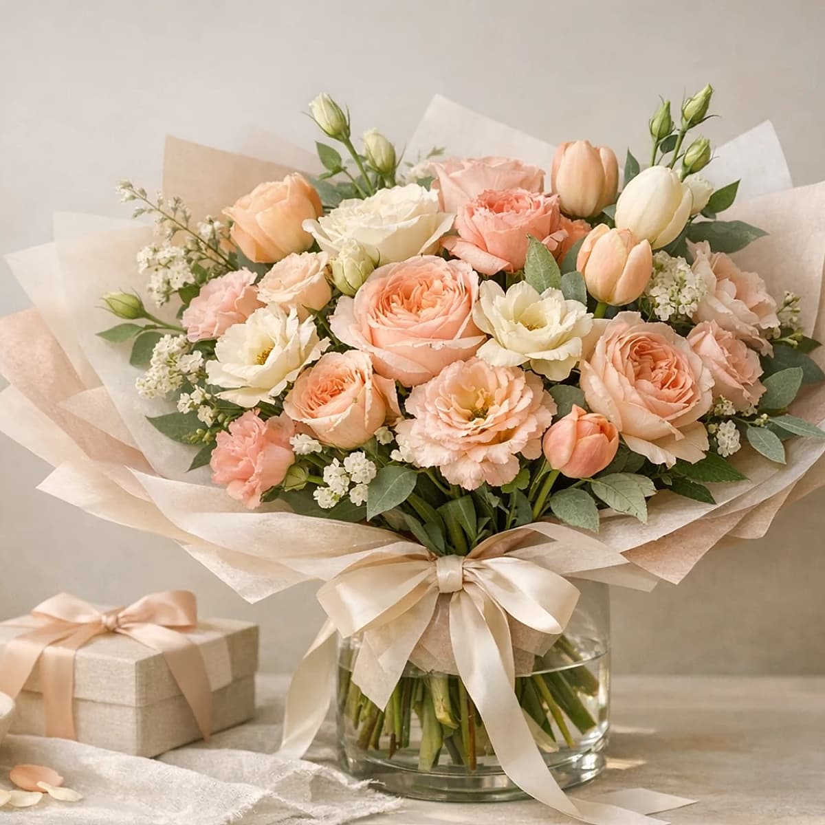 Gratitude Meadow peach, cream, yellow, and green thank-you bouquet from Lina Flowers