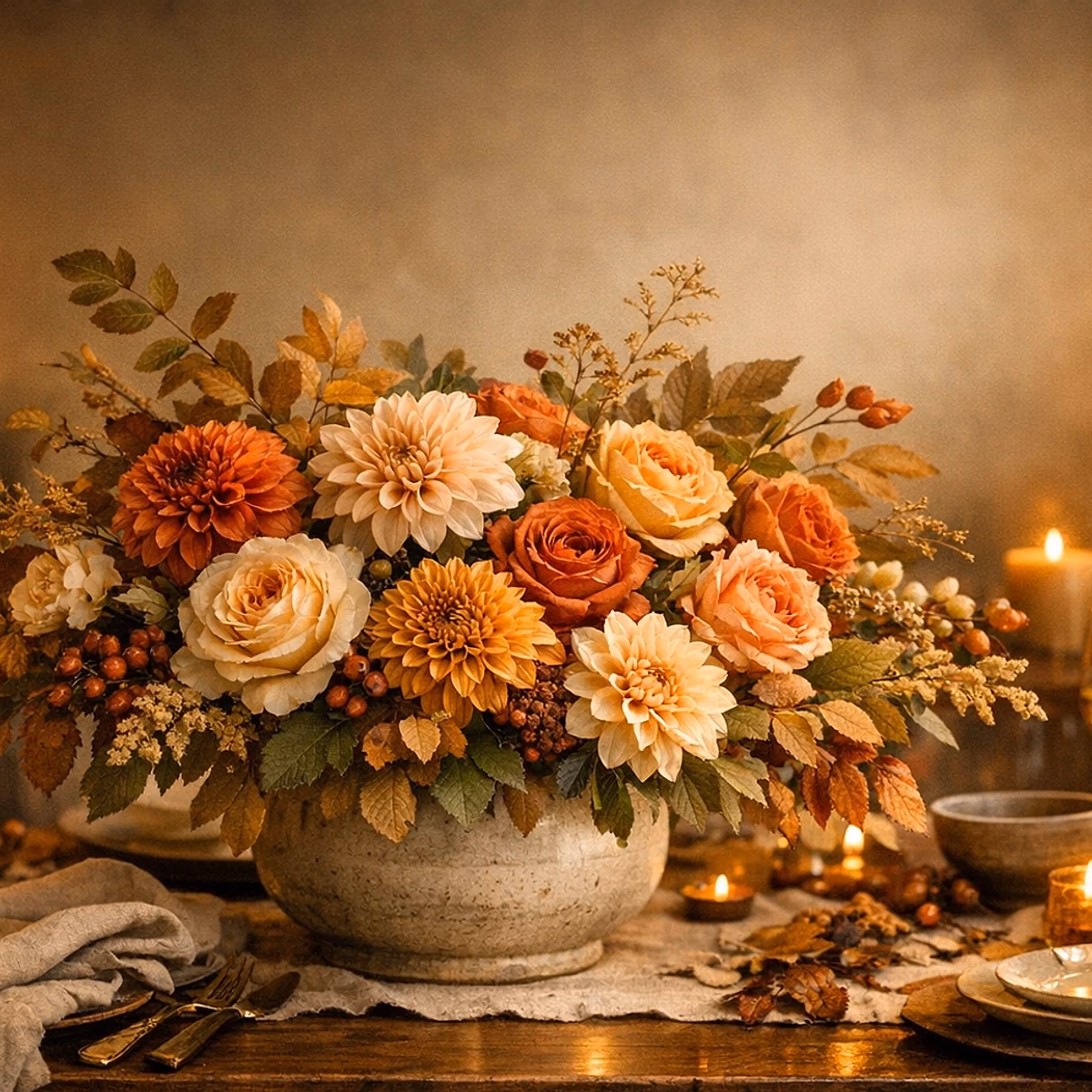 Harvest Table amber, copper, wine, and cream Thanksgiving floral centerpiece from Lina Flowers
