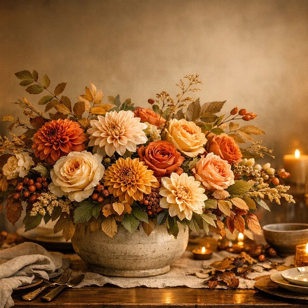 Harvest Table amber, copper, wine, and cream Thanksgiving floral centerpiece from Lina Flowers