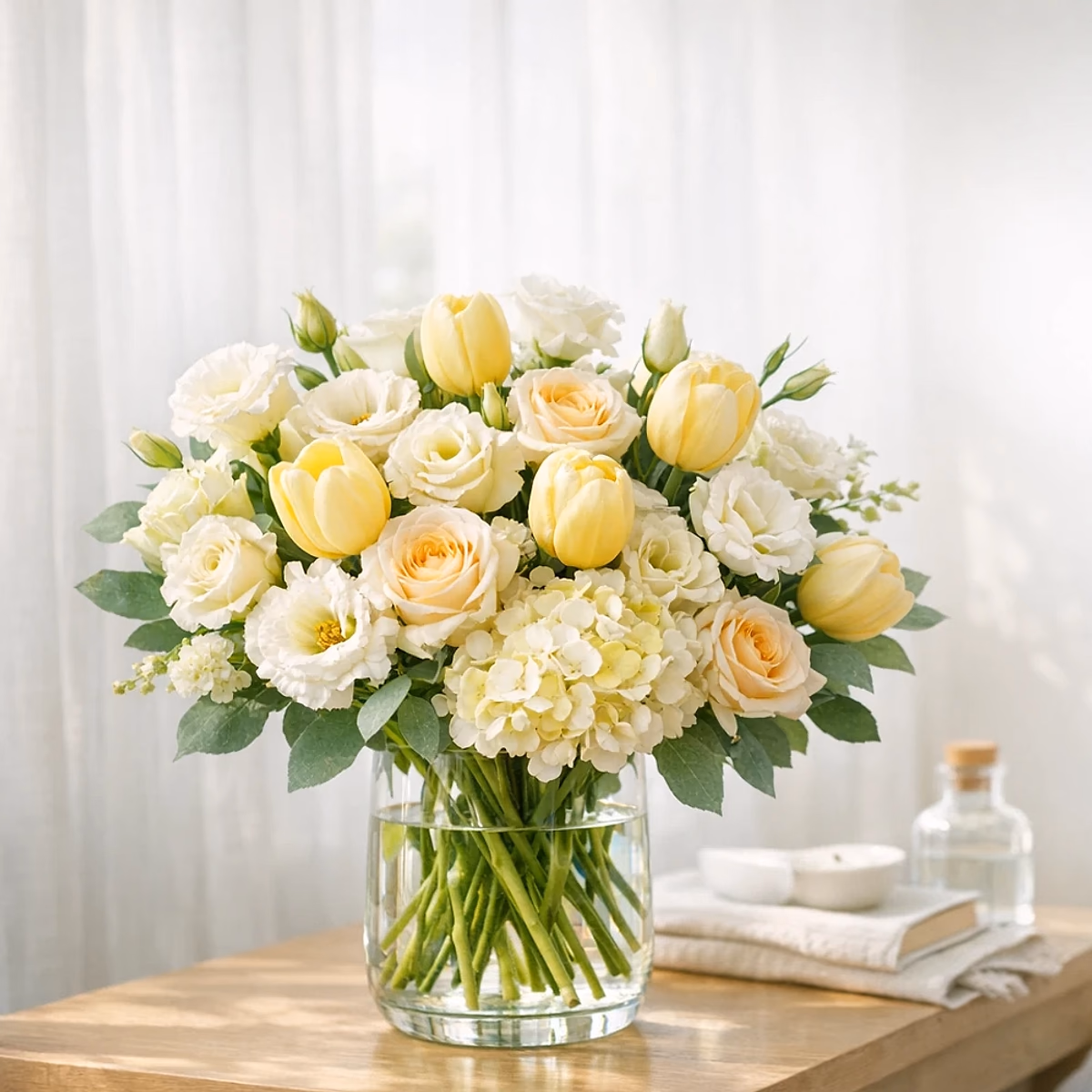 Healing Sunshine yellow, peach, white, and green get-well bouquet from Lina Flowers
