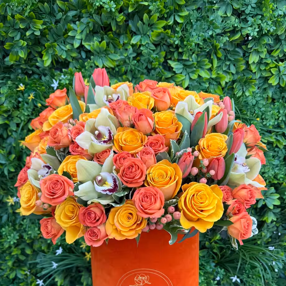 The Atelier Mix luxury rose, tulip, and orchid flower box from Lina Flowers in Van Nuys