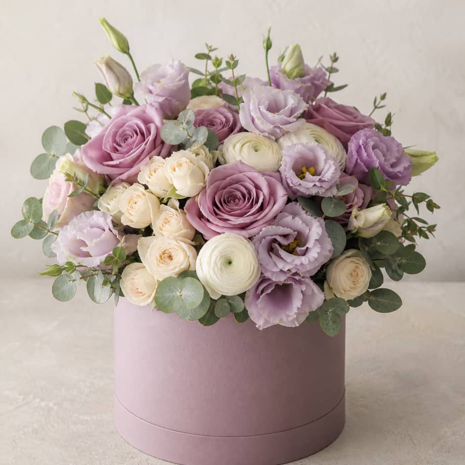 Lavender Hour lilac roses, lisianthus, ranunculus, and eucalyptus in a dusty mauve flower box