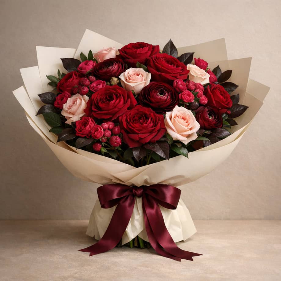 Rose Reverie romantic bouquet with red garden roses, berry ranunculus, blush roses, and burgundy ribbon