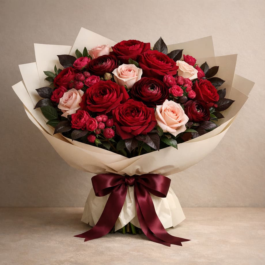 Rose Reverie romantic red and blush rose bouquet from Lina Flowers