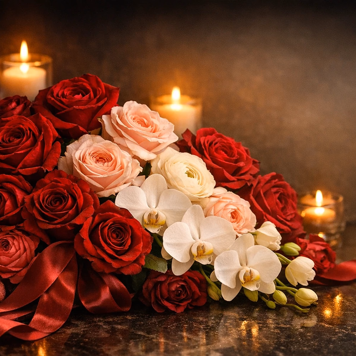 Scarlet Valentine red rose and berry romantic arrangement from Lina Flowers