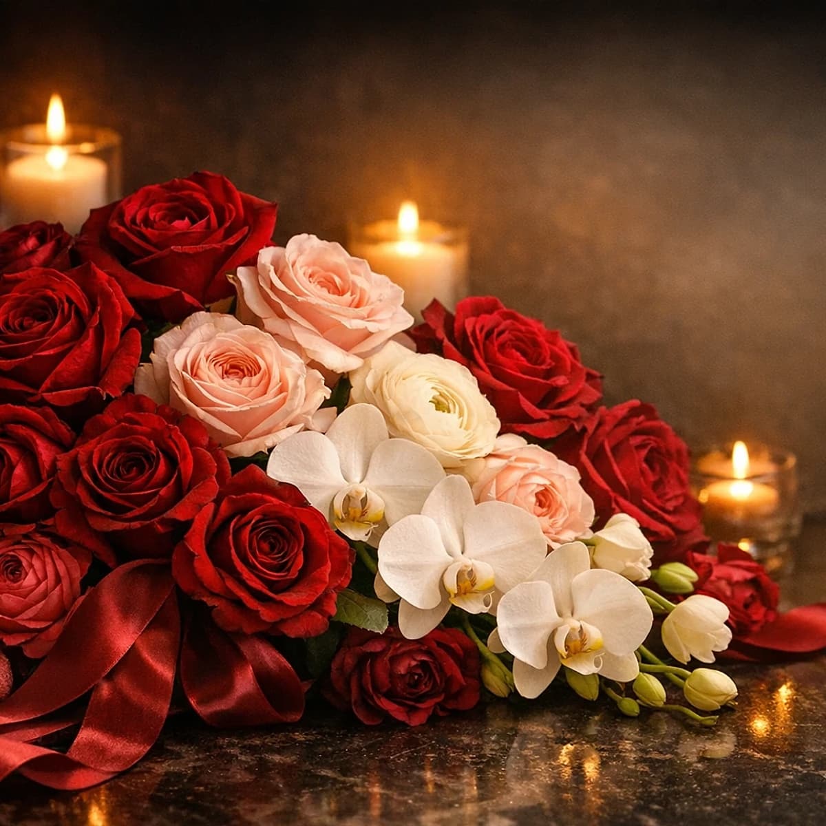 Scarlet Valentine red rose and berry romantic arrangement from Lina Flowers