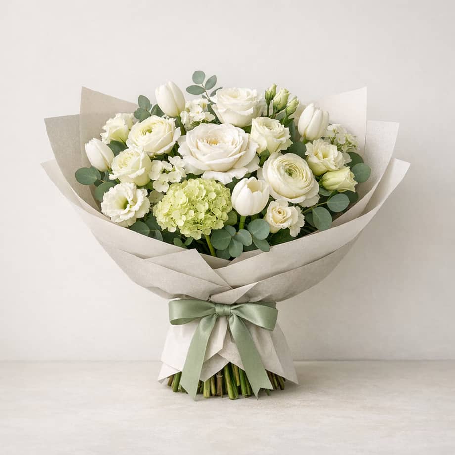 Serene Whites bouquet with white roses, ranunculus, tulips, green hydrangea, lisianthus, and eucalyptus