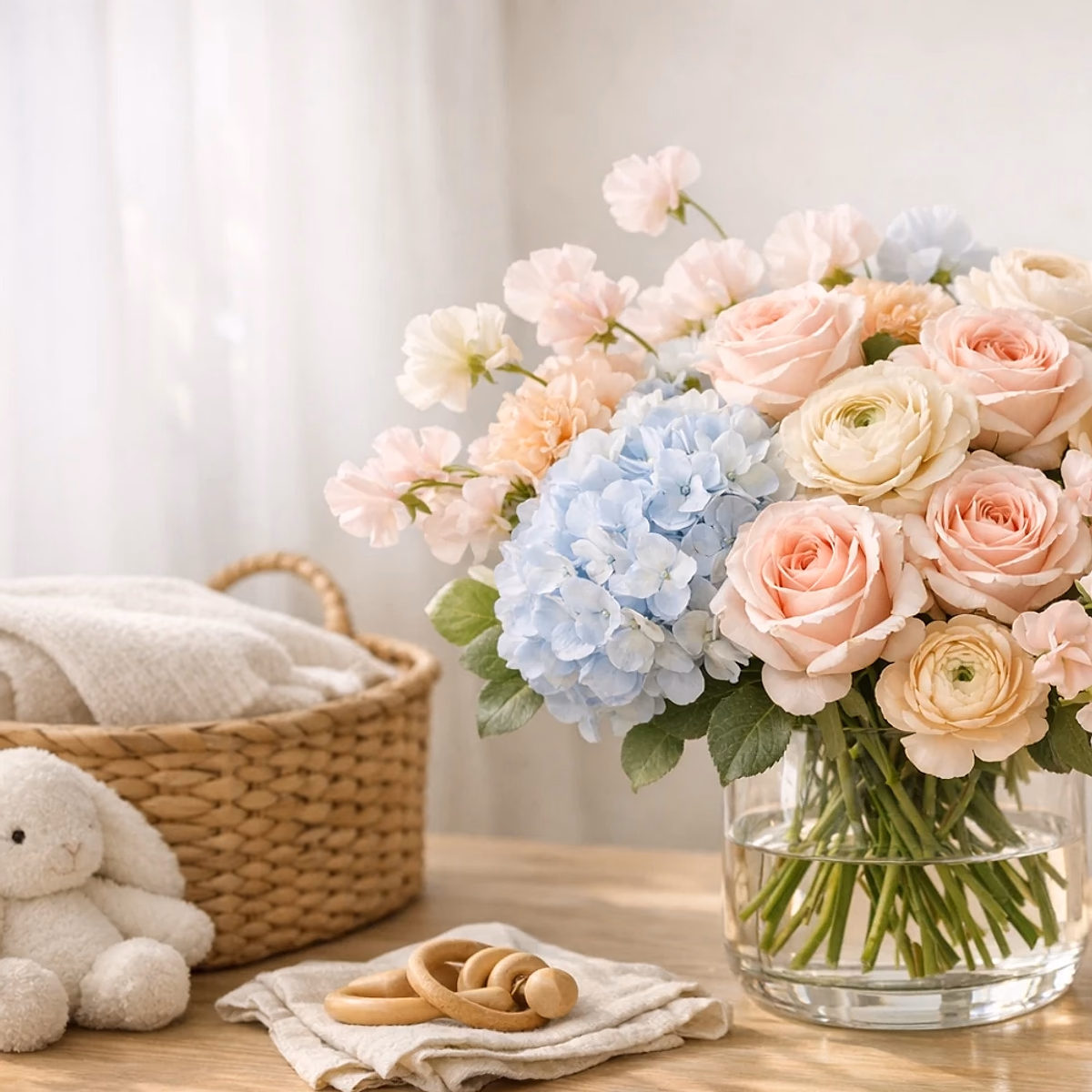 Welcome Baby Blush soft blush, cream, yellow, and sage new baby arrangement from Lina Flowers