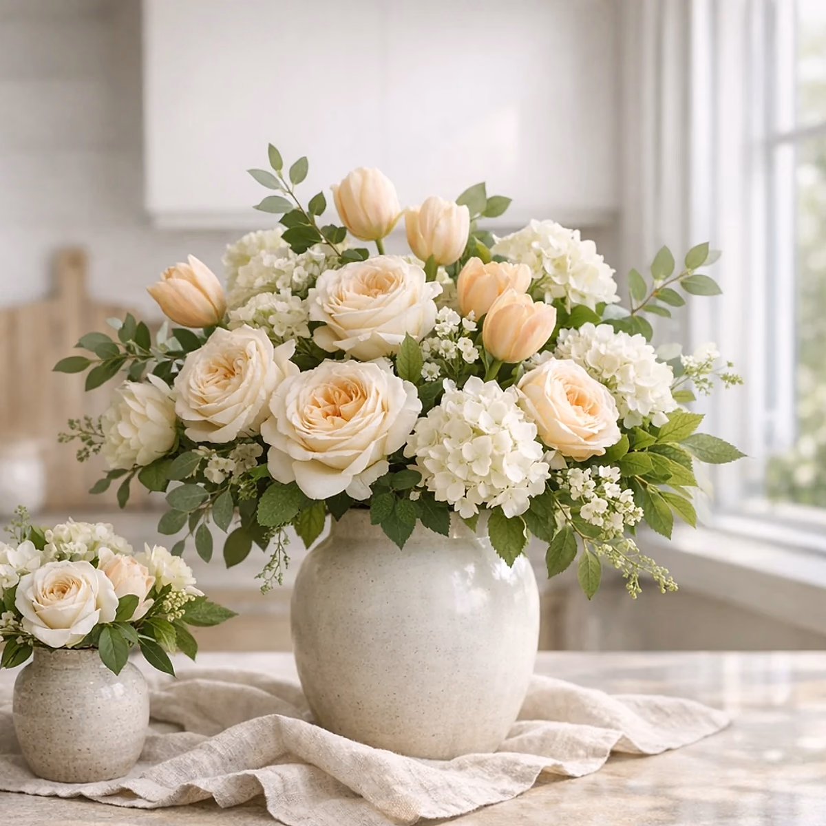 Welcome Home Whites white, cream, and sage housewarming flower arrangement from Lina Flowers