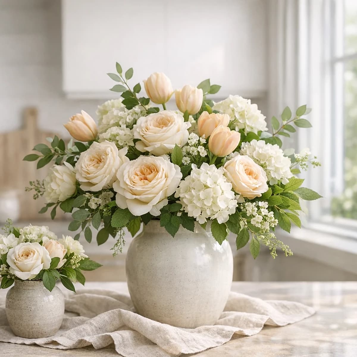 Welcome Home Whites white, cream, and sage housewarming flower arrangement from Lina Flowers