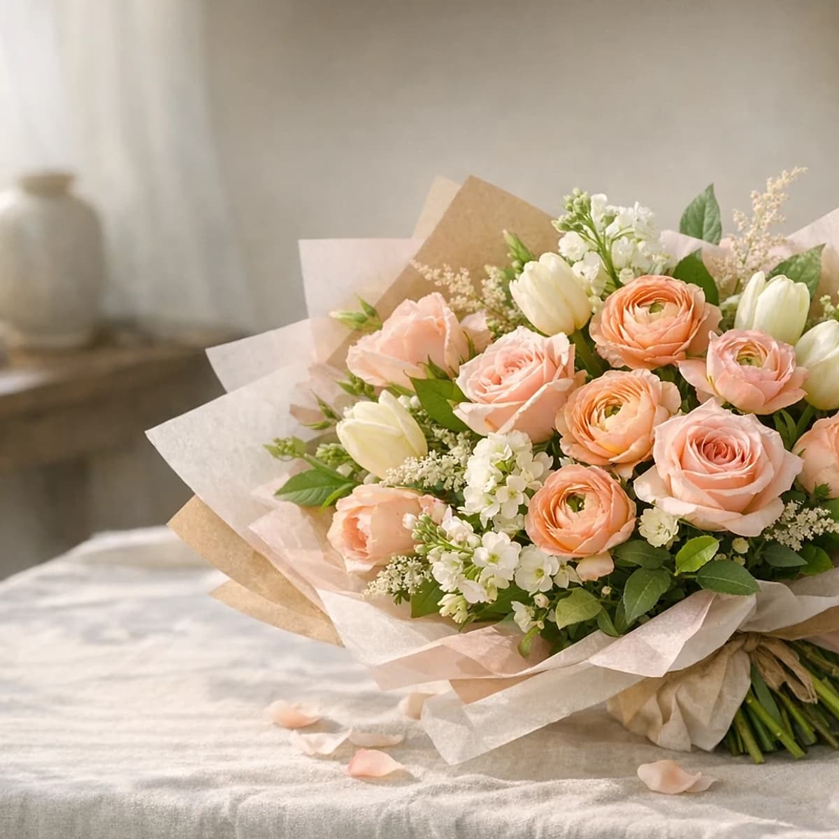 Wildflower Note peach, yellow, lavender, and white just-because bouquet from Lina Flowers