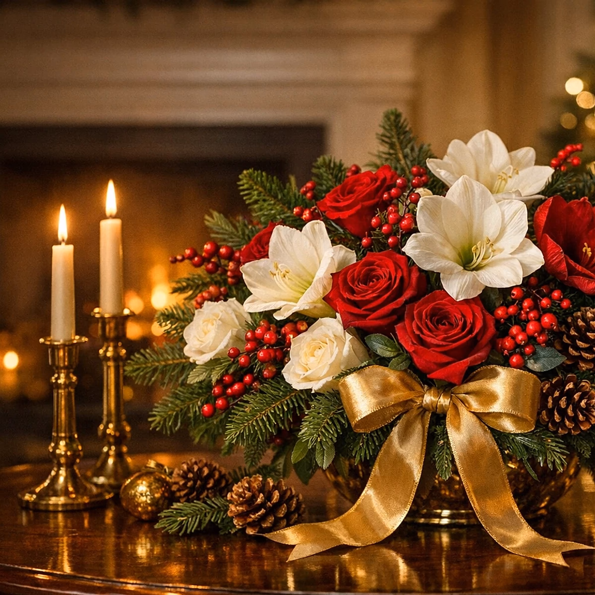 Winter Hearth cream rose, red flower, and evergreen Christmas centerpiece from Lina Flowers