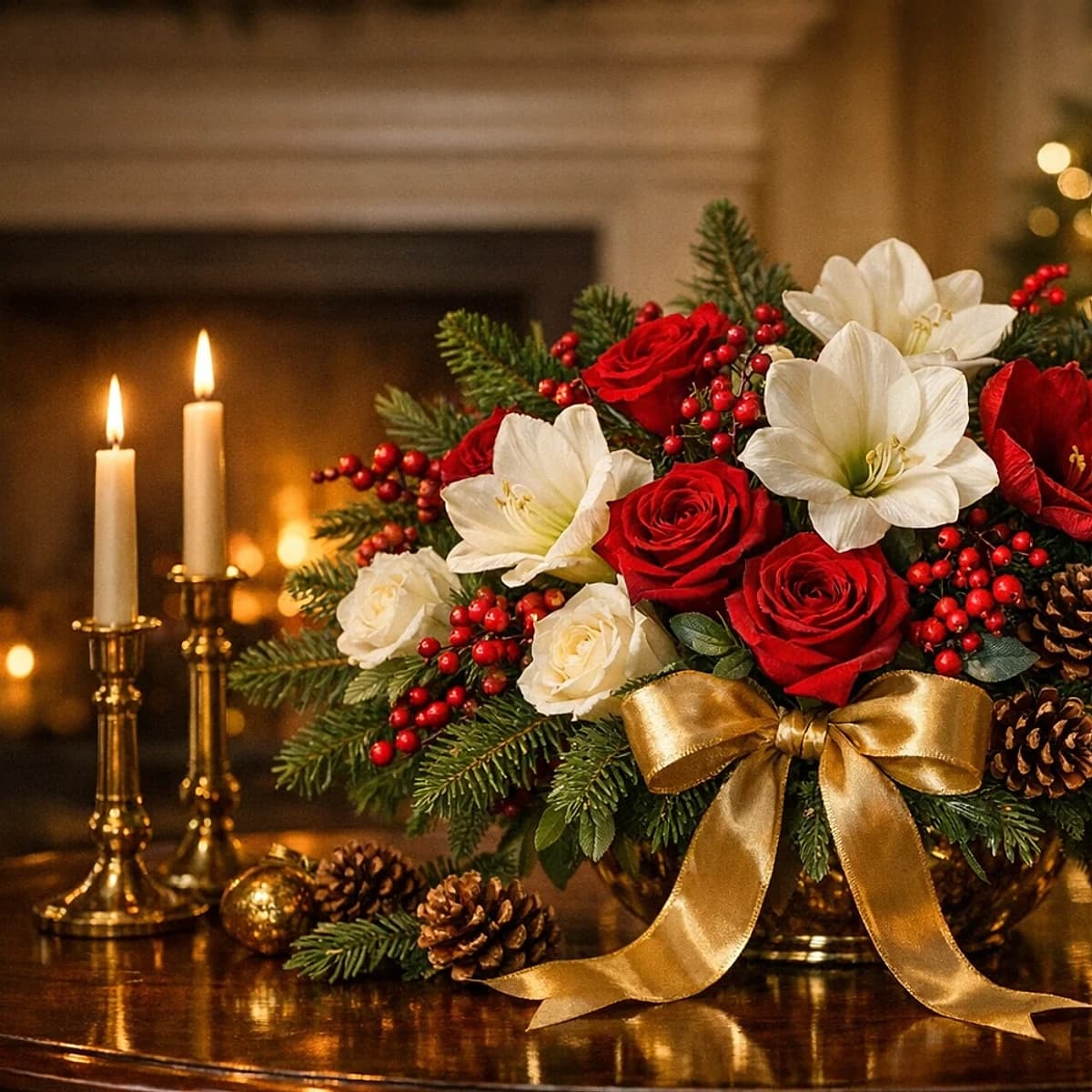 Winter Hearth cream rose, red flower, and evergreen Christmas centerpiece from Lina Flowers